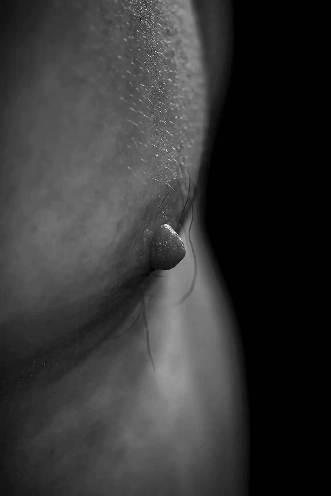 Mamelon et peau humaine avec un fin duvet sur le corps, en macro noir et blanc