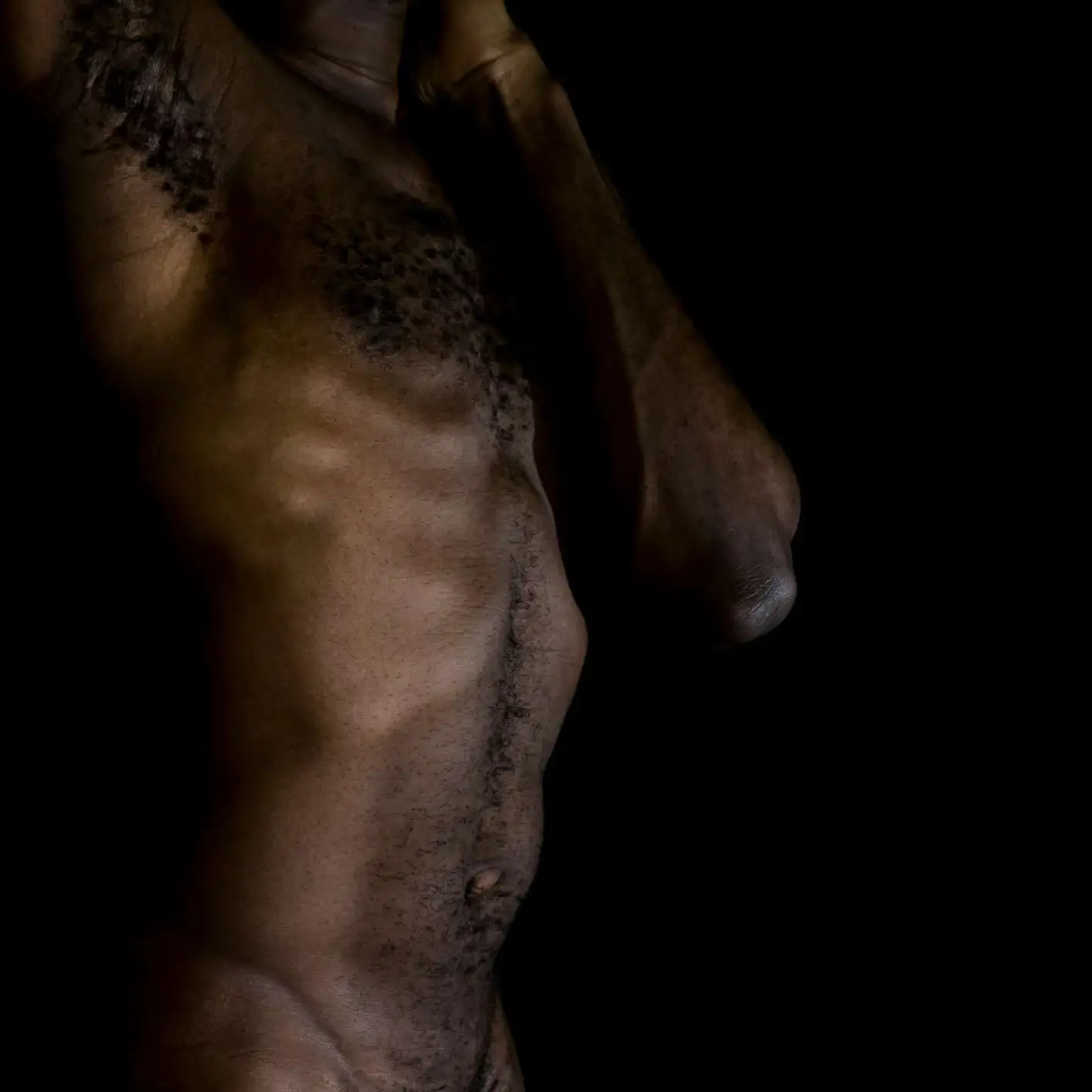 Torse poilu d'un homme noir, bras levé, sur fond sombre, mettant en valeur son corps naturel.